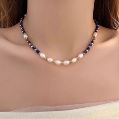 Vòng Cổ Choker Xương Đá Tự Nhiên Lapis Lazuli  Phối Ngọc Trai Hạt Gạo MADAME HIEN PEARLS Cho Nữ CG077