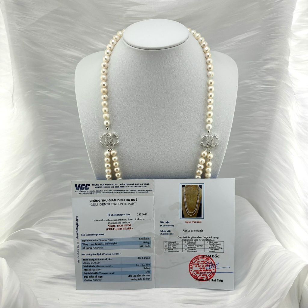 Vòng Cổ Ngọc Trai Trắng Tròn Tự Nhiên Dây Đôi Khoá Channel Sang Trọng MADAME HIEN PEARLS CT043TR