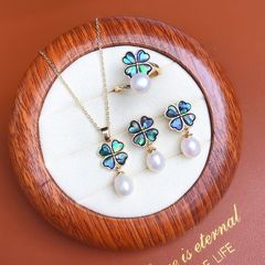 Bộ Set Ngọc Trai Vòng cổ + Nhẫn + Bông Tai Bộ Trang Sức Ngọc Trai Tự Nhiên Cỏ 4 Lá Xà Cừ Vỏ Bàu Ngư MADAME HIEN PEARLS SPS073