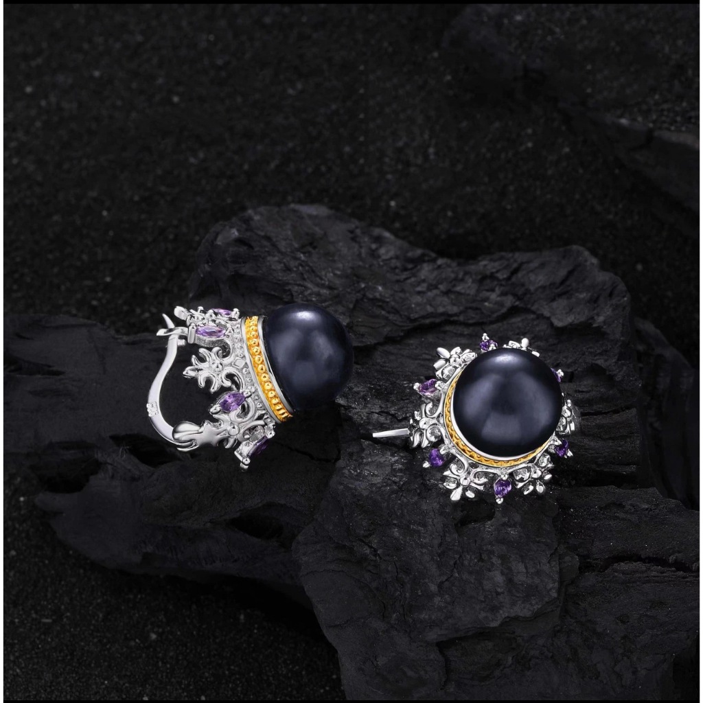 DESIGNER JEWELRY Bông Tai Ngọc Trai Đen Tự Nhiên Khung Bạc s925 Dáng Hoa Quý Tộc Cổ Điển MADAME HIEN PEARLS BTT128