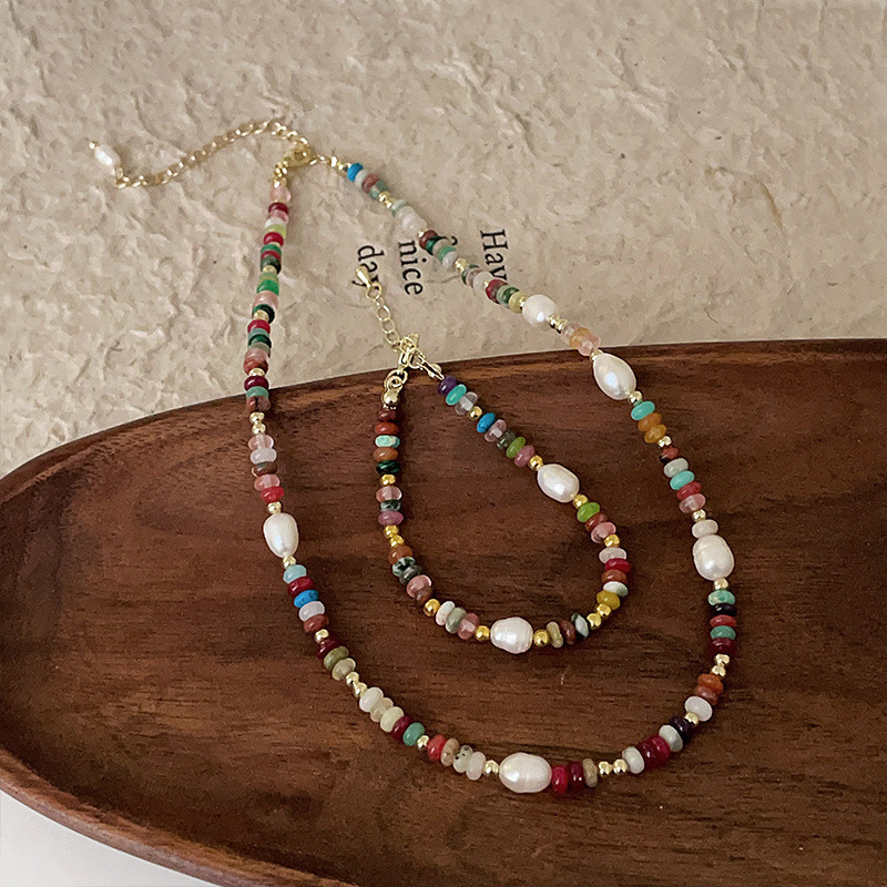 Set Bộ Vòng Cổ Và Vòng Tay Ngọc Trai Phối Đá Sắc Màu Bohemian Boho MADAME HIEN PEARLS Cho Con Gái Yêu SPS052