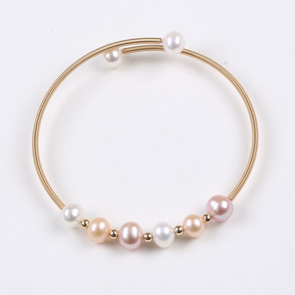 Vòng Tay Dạng Còng Cứng Mặt Đính 6 Hạt Ngọc Trai Nước Ngọt Tự Nhiên Dây Xoắn Freesize VTT012