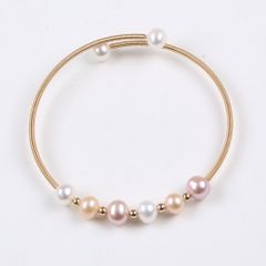 Vòng Tay Dạng Còng Cứng Mặt Đính 6 Hạt Ngọc Trai Nước Ngọt Tự Nhiên Dây Xoắn Freesize VTT012