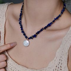 Vòng Cổ Mặt Dây Chuyền Ngọc Trai Nước Ngọt Baroque Dáng Đồng Xu Tự Nhiên Phong Cách Lapis Lazuli Dành Cho Nữ MB024