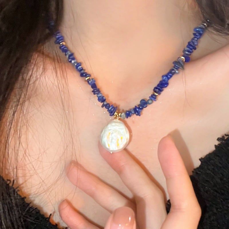 Vòng Cổ Mặt Dây Chuyền Ngọc Trai Nước Ngọt Baroque Dáng Đồng Xu Tự Nhiên Phong Cách Lapis Lazuli Dành Cho Nữ MB024