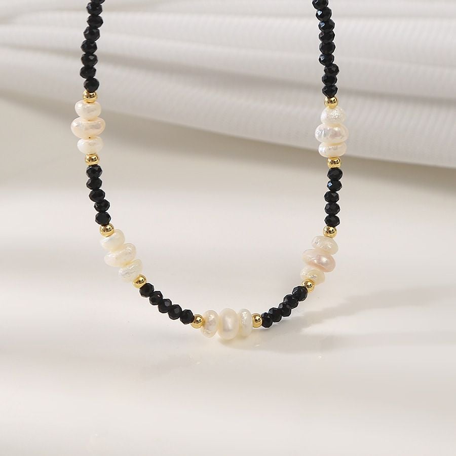 Vòng Cổ Pha Lê Đen Phối Ngọc Trai Nhí Kiểu Dáng Spinel MADAME HIEN PEARLS Unisex Nam Nữ CB044