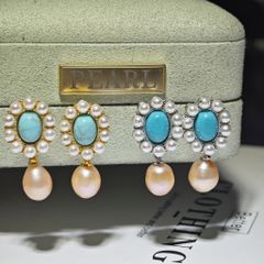 Bông Tai Ngọc Trai Tự Nhiên Mặt Turquoise Cổ Điển Viền Ngọc Trai Phong Cách Phương Đông Đính Tua Rua Hạt Ngọc Trai Giọt Nước Tự Nhiên MADAME HIEN PEARLS BTG091