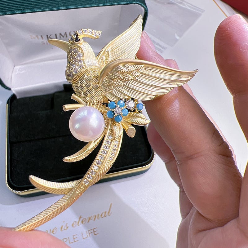 Ghim Cài Áo Kim Phượng Hoàng Đính Ngọc Trai Tự Nhiên MADAME HIEN PEARLS Quà Tặng Sếp Sang Trọng PKC030