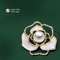 Ghim Cài Áo Hoa Trà Cẩn Vỏ Xà Cừ Đính Hạt Trai Tự Nhiên MADAME HIEN PEARLS Thanh Lịch PKC001