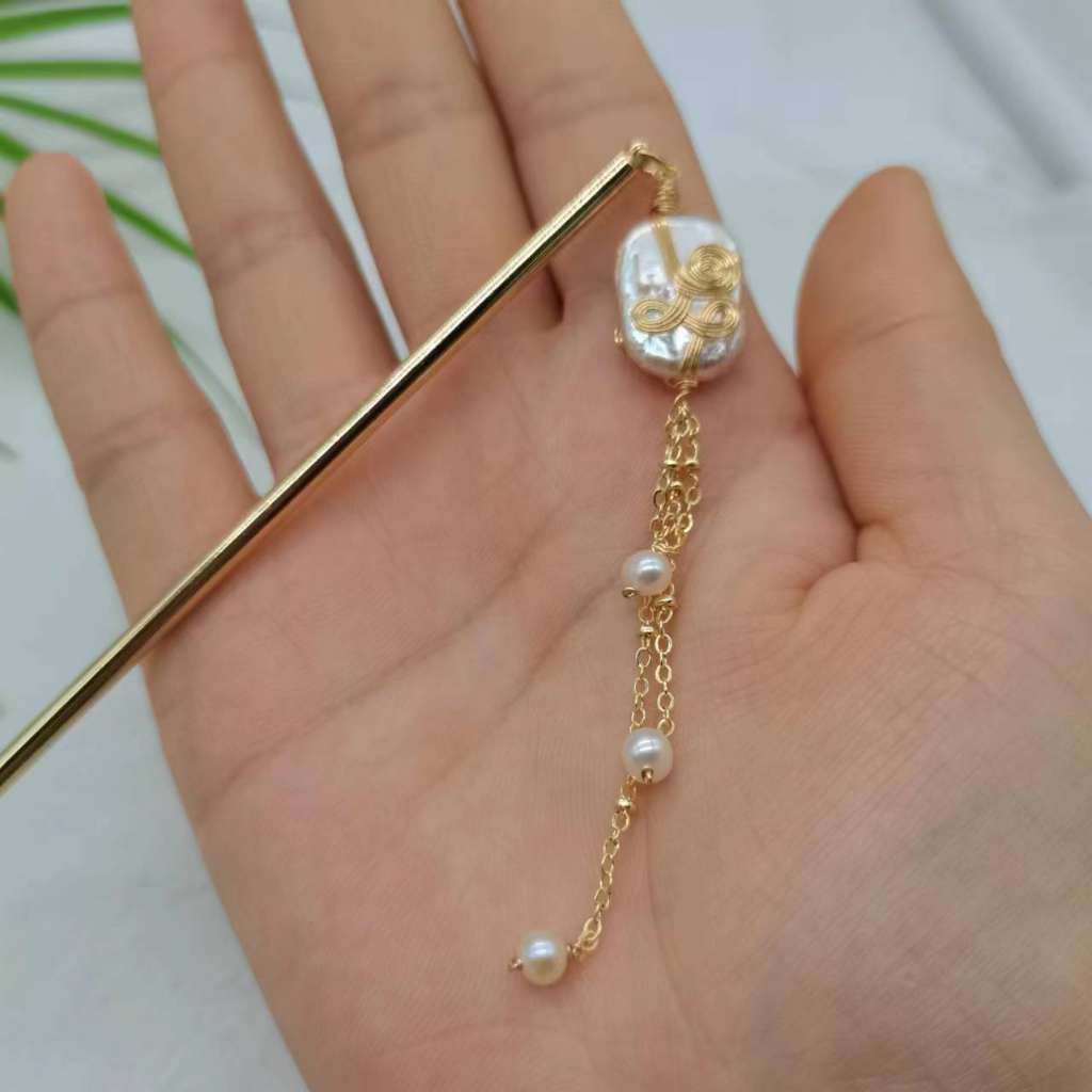 Trâm Cài Tóc Đính Hạt Ngọc Trai Baroque Vuông Tua Rua Tự Nhiên MADAME HIEN PEARLS Cổ Điển PKT009