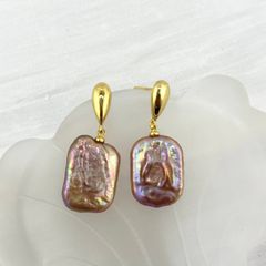 Khuyên Tai Ngọc Trai Baroque Vuông Phối Mặt Kim Oval Hoạ Tiết Phong Cách Pháp Cá Tính MADAME HIEN PEARLS BTB088