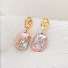 Khuyên Tai Ngọc Trai Baroque Vuông Phối Mặt Kim Oval Hoạ Tiết Phong Cách Pháp Cá Tính MADAME HIEN PEARLS BTB088
