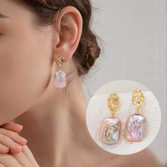 Khuyên Tai Ngọc Trai Baroque Vuông Phối Mặt Kim Oval Hoạ Tiết Phong Cách Pháp Cá Tính MADAME HIEN PEARLS BTB088