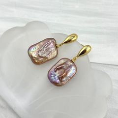 Khuyên Tai Ngọc Trai Baroque Vuông Phối Mặt Kim Oval Hoạ Tiết Phong Cách Pháp Cá Tính MADAME HIEN PEARLS BTB088