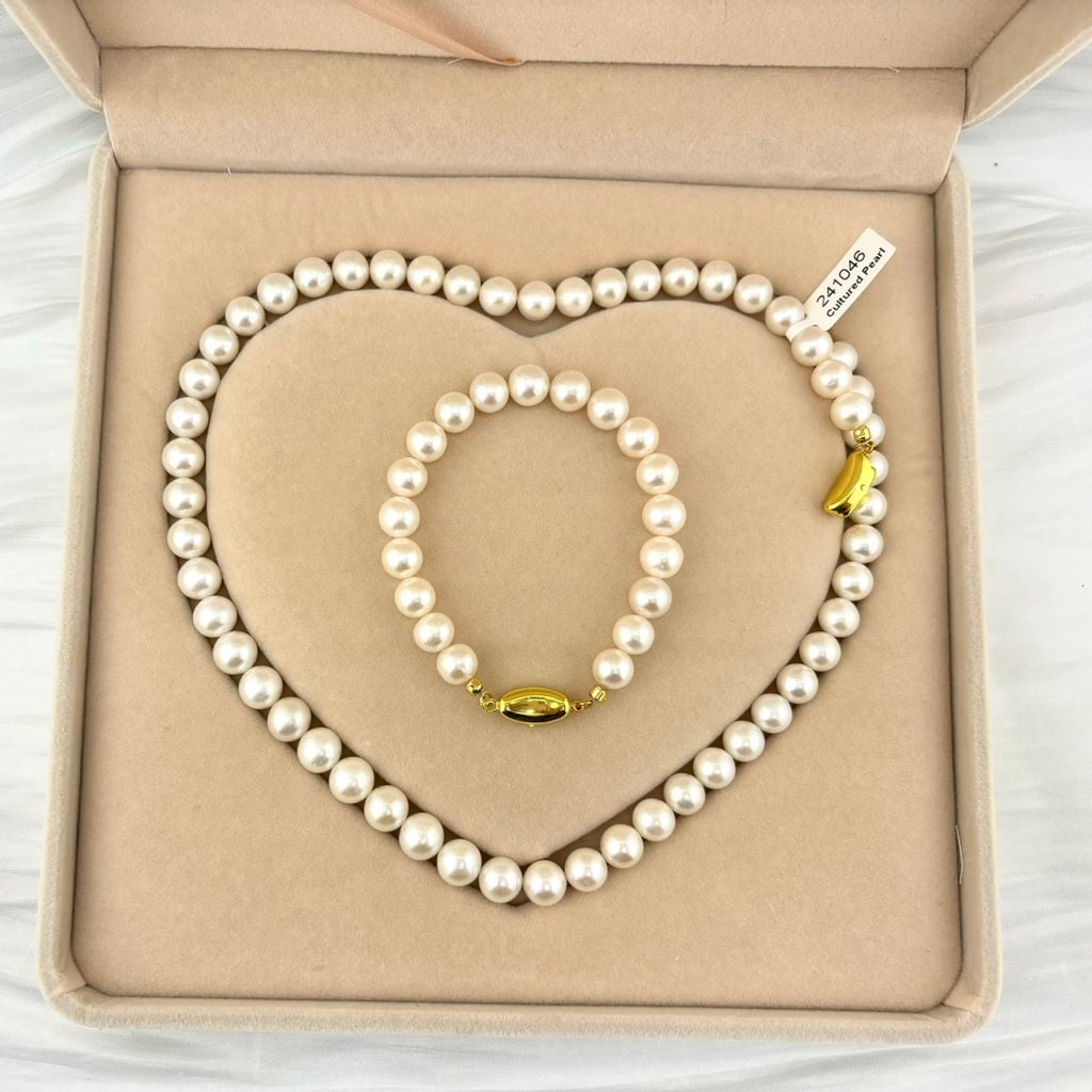 [Kèm Kiểm Định] Set Bộ Trang Sức Ngọc Trai Tròn Tự Nhiên VIP Cao Cấp AAAA 8-9 mm Khoá Yên Ngựa s925 Mạ Vàng MADAME HIEN PEARLS SCT015