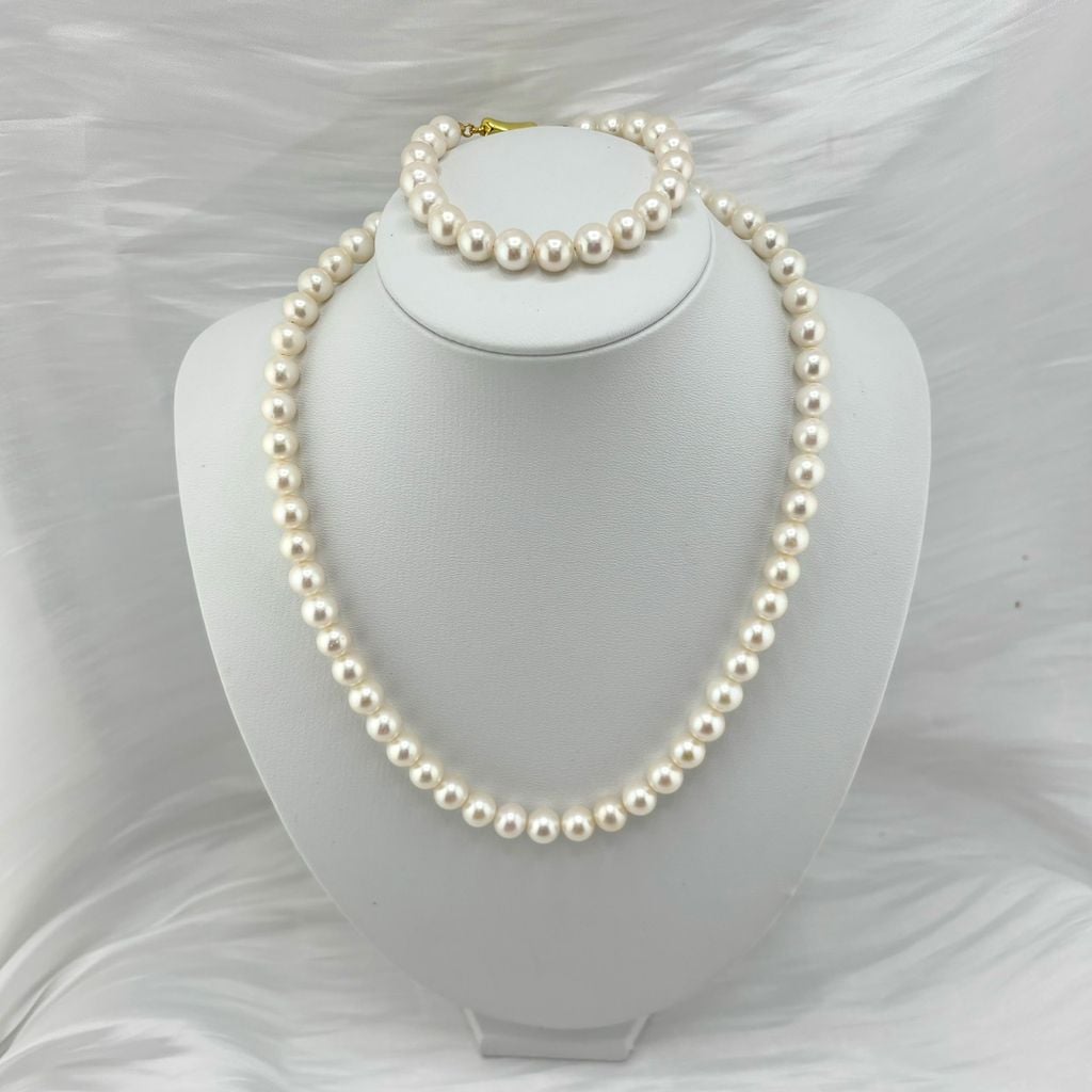 [Kèm Kiểm Định] Set Bộ Trang Sức Ngọc Trai Tròn Tự Nhiên VIP Cao Cấp AAAA 8-9 mm Khoá Yên Ngựa s925 Mạ Vàng MADAME HIEN PEARLS SCT015