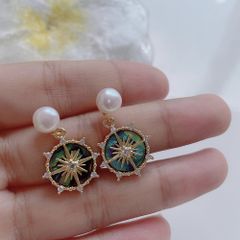 Bông Tai Ngọc Trai Tự Nhiên Mặt Ngôi Sao La Bàn Compass Star Cẩn Xà Cừ Bàu Ngư Xanh MADAME HIEN PEARLS Cho Nữ BTN277