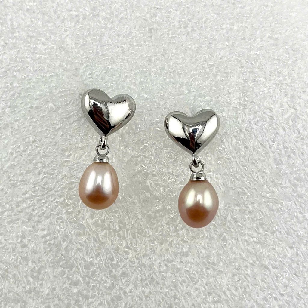 Bông Tai Ngọc Trai Tự Nhiên Mặt Trái Tim Bạc Tua Rua Ngọc Trai Hạt Gạo Đáng Yêu MADAME HIEN PEARLS BTG029