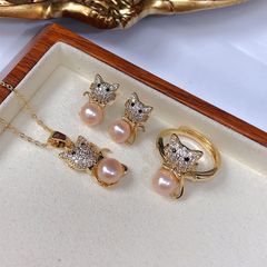 Set Trang Sức Vòng Cổ Bông Tai Nhẫn Mèo Đính Đá Quý Và Ngọc Trai Tự Nhiên MADAME HIEN PEARLS SPS054