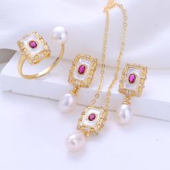 Set Trang Sức Ngọc Trai Tự Nhiên Phong Cách Cung Điện Hoàng Gia Gồm Dây Chuyền, Nhẫn, Bông Tai Ngọc Trai Khung Chữ Nhật Đính Hồng Ngọc MADAME HIEN PEARLS Sang Trọng SPS102