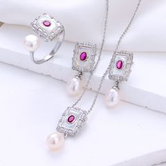 Set Trang Sức Ngọc Trai Tự Nhiên Phong Cách Cung Điện Hoàng Gia Gồm Dây Chuyền, Nhẫn, Bông Tai Ngọc Trai Khung Chữ Nhật Đính Hồng Ngọc MADAME HIEN PEARLS Sang Trọng SPS102