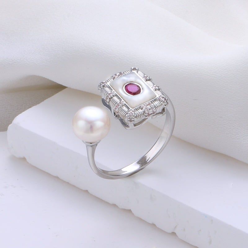 Set Trang Sức Ngọc Trai Tự Nhiên Phong Cách Cung Điện Hoàng Gia Gồm Dây Chuyền, Nhẫn, Bông Tai Ngọc Trai Khung Chữ Nhật Đính Hồng Ngọc MADAME HIEN PEARLS Sang Trọng SPS102