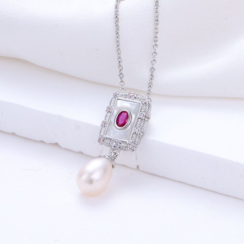 Set Trang Sức Ngọc Trai Tự Nhiên Phong Cách Cung Điện Hoàng Gia Gồm Dây Chuyền, Nhẫn, Bông Tai Ngọc Trai Khung Chữ Nhật Đính Hồng Ngọc MADAME HIEN PEARLS Sang Trọng SPS102