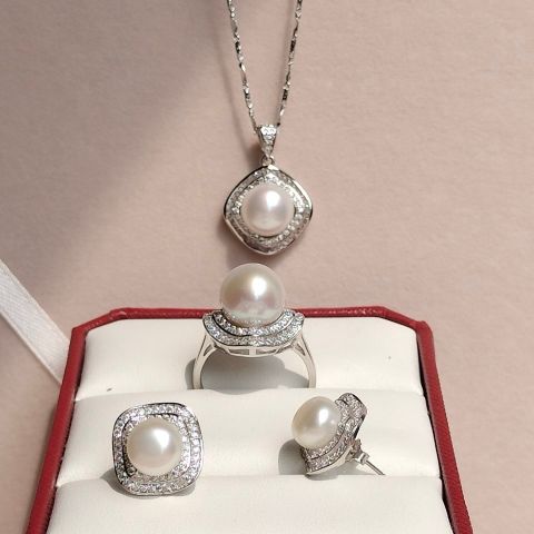 Bộ Set Ngọc Trai Bạc Ý 925 Mạ Vàng Trắng Đính Hạt Trai Lớn 11-12mm SPS028