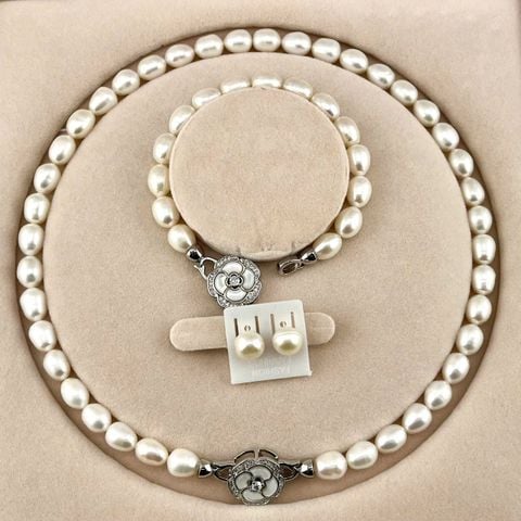 [Kèm Kiểm Định và Hộp] Set Bộ Trang Sức Ngọc Trai Hạt Gạo Khoá Hoa Trà 7-8mm MADAME HIEN PEARLS SCG008