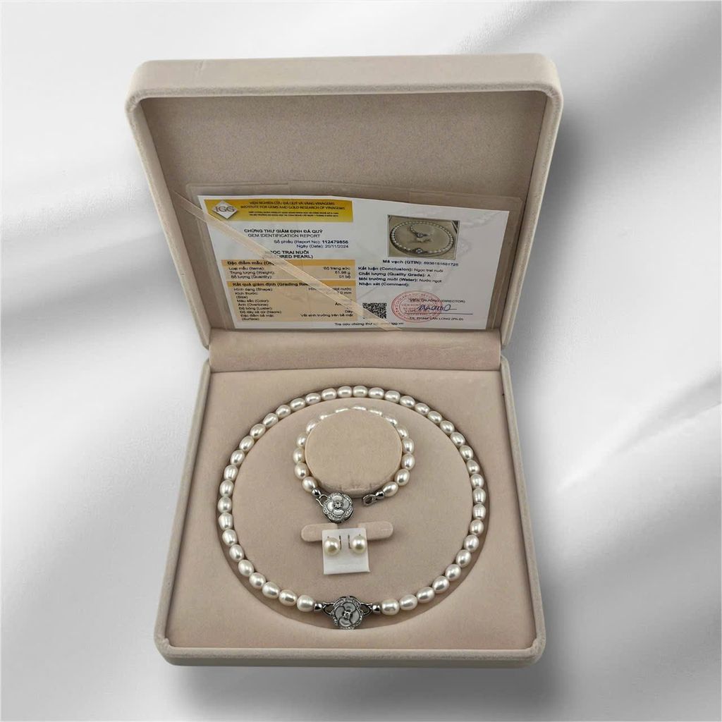 [Kèm Kiểm Định và Hộp] Set Bộ Trang Sức Ngọc Trai Hạt Gạo Khoá Hoa Trà 7-8mm MADAME HIEN PEARLS SCG008