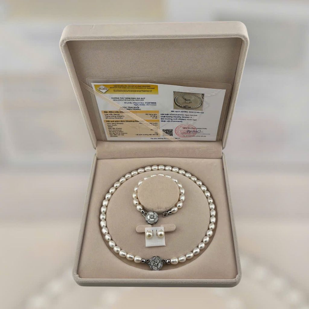 [Kèm Kiểm Định và Hộp] Set Bộ Trang Sức Ngọc Trai Hạt Gạo Khoá Hoa Trà 7-8mm MADAME HIEN PEARLS SCG008
