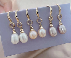 Bông Tai tua rua Ngọc Trai Nuôi tự nhiên hạt gạo vòng tròn đá zircon SP075T