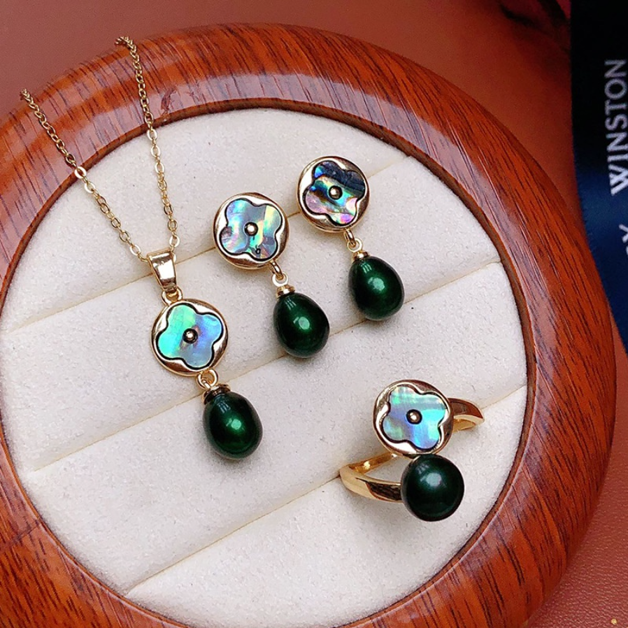 Set Trang sức vòng cổ bông tai nhẫn đính Xà Cừ và Ngọc Trai Tự Nhiên cỏ 4 lá SPS043