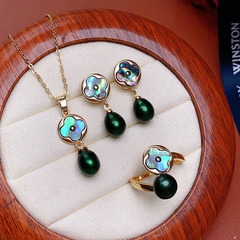 Set Trang sức vòng cổ bông tai nhẫn đính Xà Cừ và Ngọc Trai Tự Nhiên cỏ 4 lá SPS043