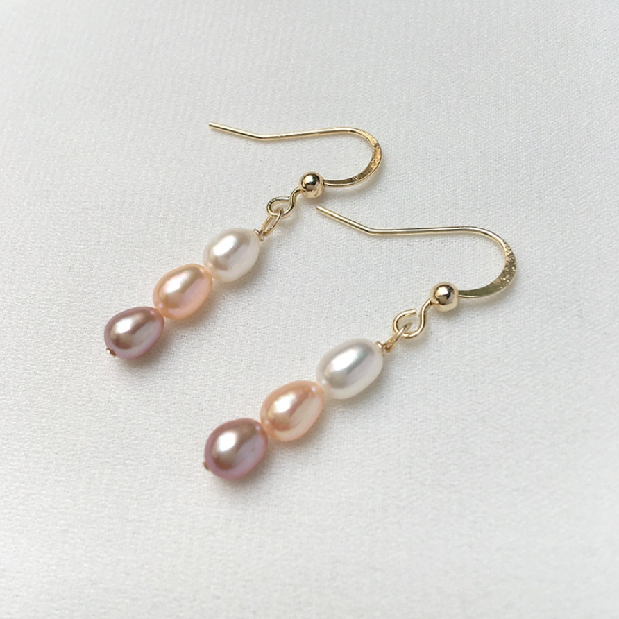 Khuyên Tai Mạ Vàng 14K Đính 3 Hạt Ngọc Trai Tua Rua 7-8mm MADAME HIEN PEARLS BTG005