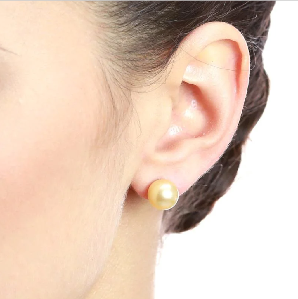 Bông Tai Ngọc Trai Tự Nhiên Tròn Vàng 9-10mm Chuôi Vàng 14k MADAME HIEN PEARLS Cho Nữ