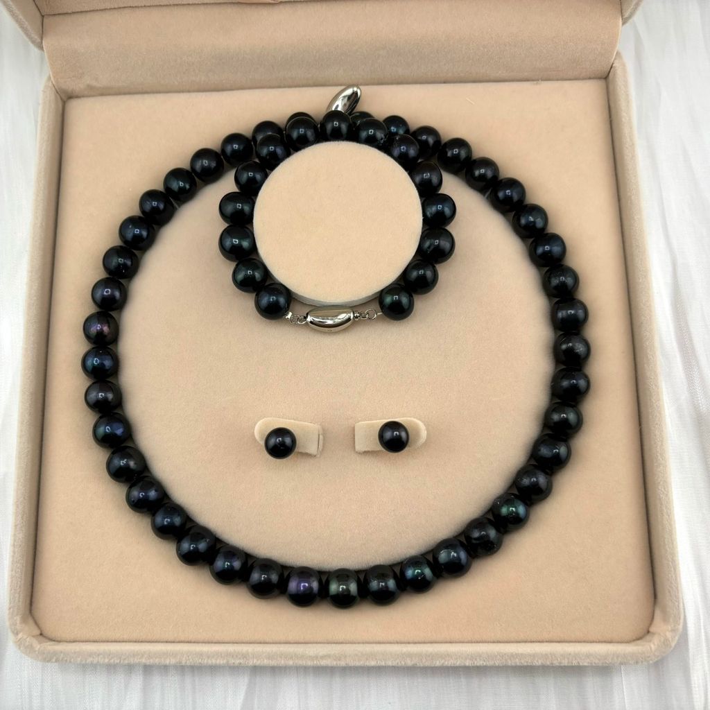 Bộ Set Trang Sức Ngọc Trai Đen Tự Nhiên 11mm Cao Cấp Gồm Vòng cổ + Vòng Tay + Bông tai Ngọc Trai MADAME HIEN PEARLS SCT001D
