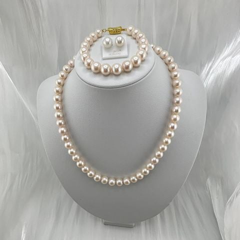 [Kèm Kiểm Định] Bộ Set Trang Sức Ngọc Trai Tròn Tự Nhiên AAA 8-9mm Hoàn Hảo Gồm Vòng cổ + Vòng Tay + Bông tai MADAME HIEN PEARLS SCT002TR