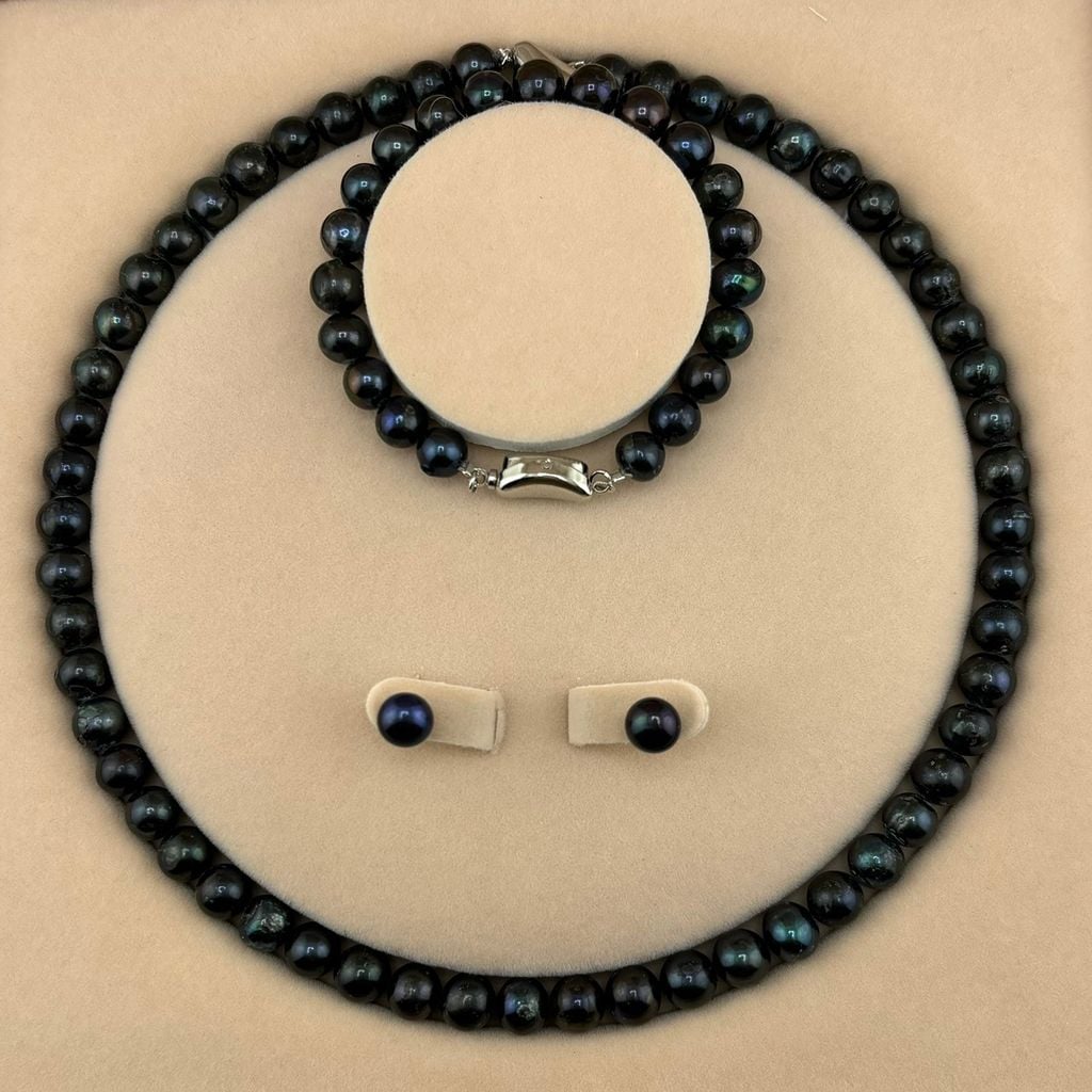 Bộ Set Trang Sức Ngọc Trai Đen Tự Nhiên 8-9mm Gồm Vòng cổ + Vòng Tay + Bông tai Ngọc Trai MADAME HIEN PEARLS SCT006D