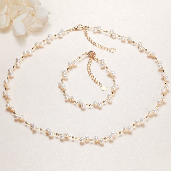 Bộ Vòng Cổ Choker và Vòng Tay Sợi Bện Đính Ngọc Trai Trắng Tự Nhiên MADAME HIEN PEARLS Đáng Yêu Cho Nữ SCT040