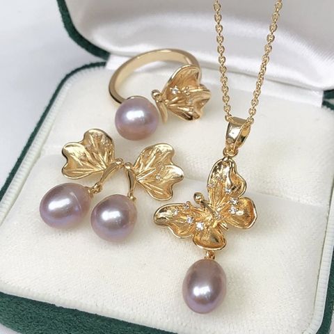 Bộ Set Ngọc Trai Dây chuyền + Nhẫn + Bông Tai Dáng Bướm Vàng Sang Trọng MADAME HIEN PEARLS PS017