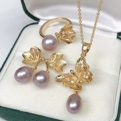 Bộ Set Ngọc Trai Dây chuyền + Nhẫn + Bông Tai Dáng Bướm Vàng sang trọng