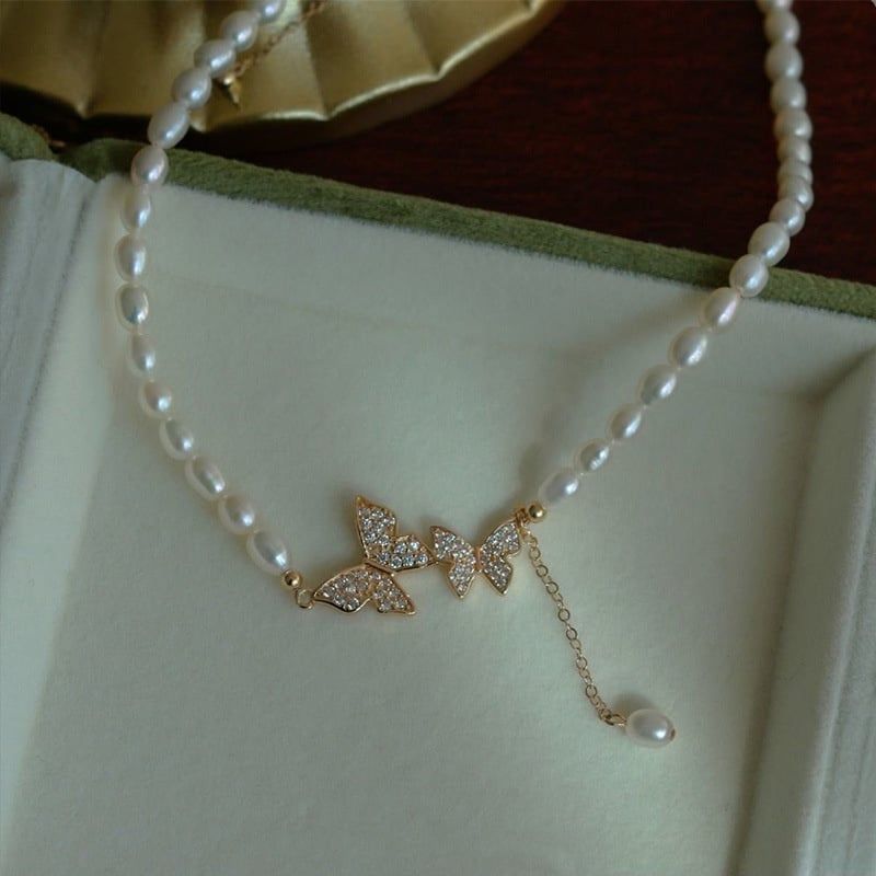 Vòng cổ Ngọc Trai Nuôi Hạt Gạo Tự Nhiên Choker Hình Nơ Bướm 5-6mm CG003