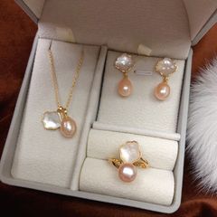 Bộ Set Ngọc Trai Vòng cổ + Nhẫn + Bông Tai Dáng Sò Xà Cừ Trắng Tự Nhiên SPS014