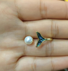 Nhẫn Ngọc Trai Tự Nhiên Mặt Đuôi Cá Voi Xanh Xà Cừ Vỏ Bàu Ngư MADAME HIEN PEARLS Cho Nữ NN107