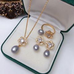 Bộ Set Ngọc Trai Dây chuyền, Nhẫn và Bông Tai Mặt Hoa Hồng MADAME HIEN PEARLS Cho Nữ SPS018V