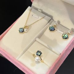 Bộ Set Ngọc Trai Vòng cổ + Nhẫn + Bông Tai Bộ Trang Sức Ngọc Trai Tự Nhiên Vỏ Sò Xà Cừ Khảm Bàu Ngư MADAME HIEN PEARLS SPS065