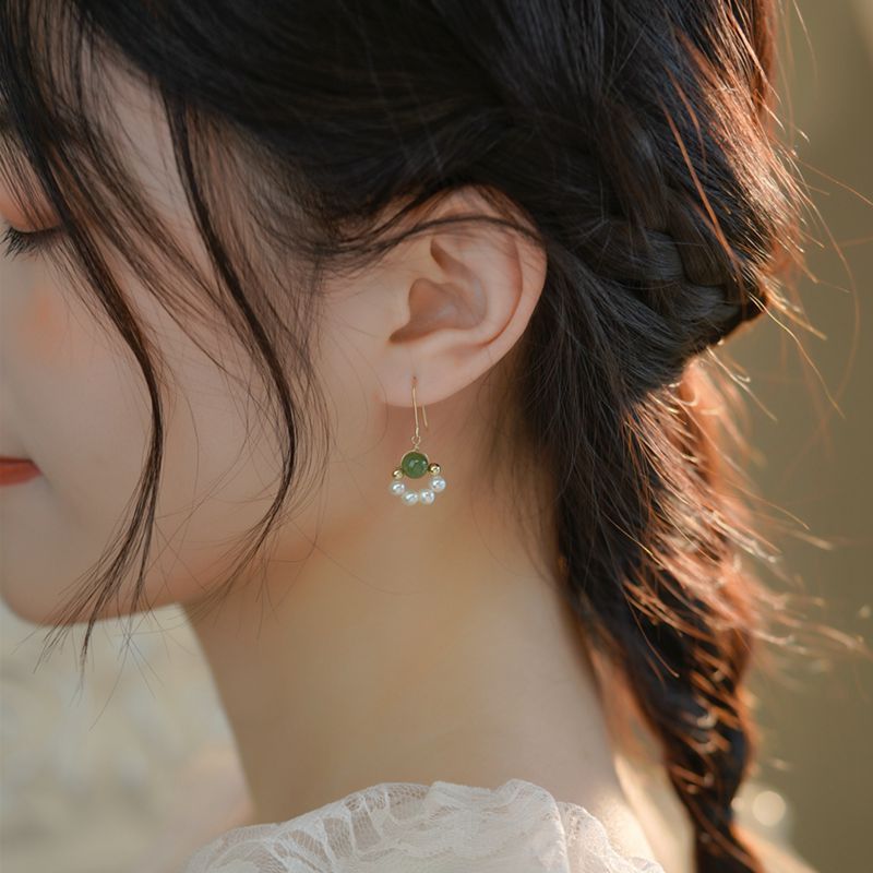 Bông Tai Ngọc Trai Phối Cẩm Thạch Tua Rua Phong Cách Phương Đông MADAME HIEN PEARLS Cho Nữ BTT040