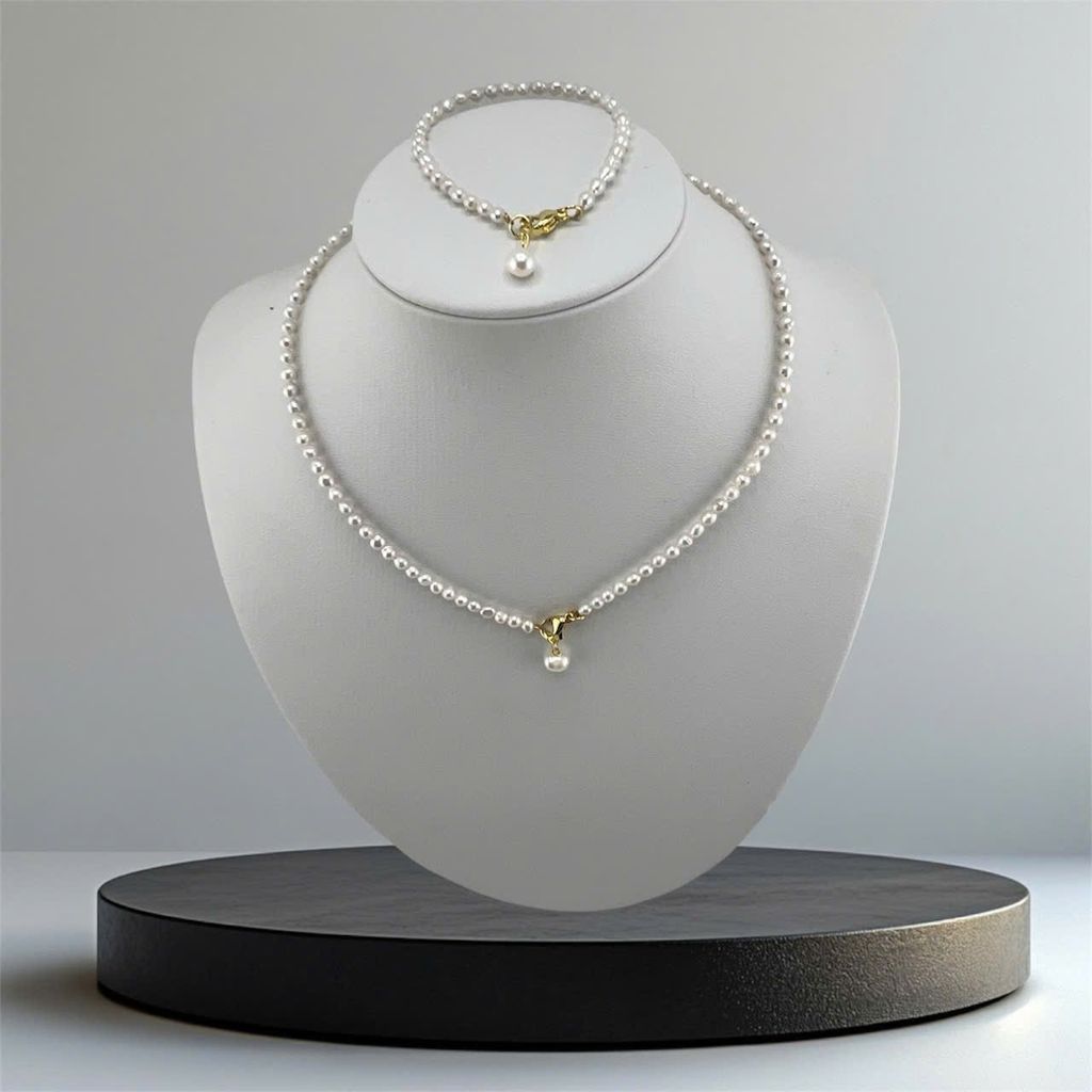 Set Bộ Trang Sức Ngọc Trai Hạt Gạo Nhí 2-3mm Khoá Cham Hạt Trai Chuông MADAME HIEN PEARLS Đáng Yêu SCG010