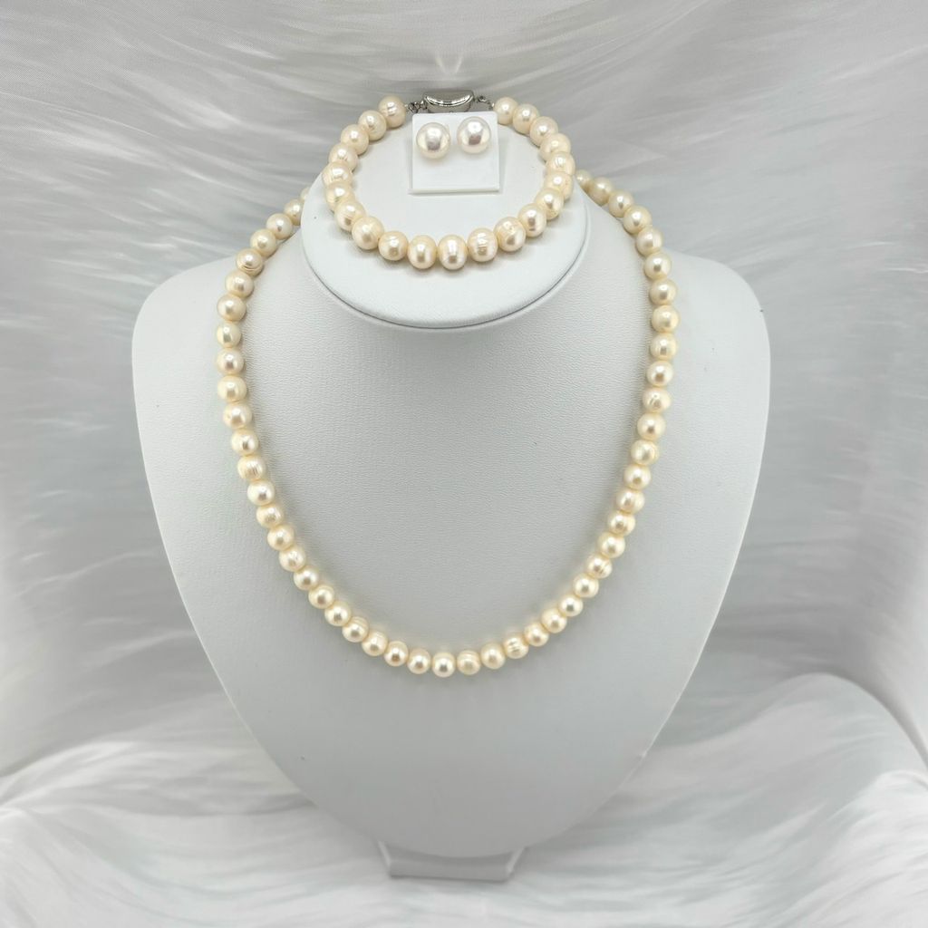 Set Bộ Trang Sức Ngọc Trai Tròn Tự Nhiên 8-9mm Gồm Vòng cổ và Vòng Tay MADAME HIEN PEARLS SCT009